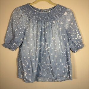 Sonoma Light Blue Smocked Blouse with White Floral Pattern